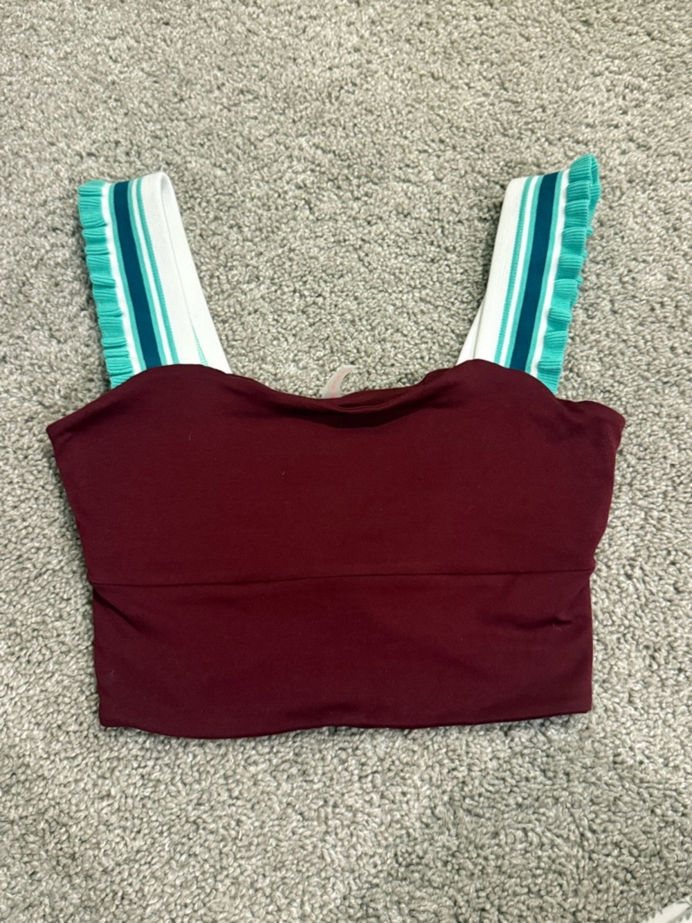 Free People Movement Maroon Crop Tank with Teal and White Striped Ruffled Straps
